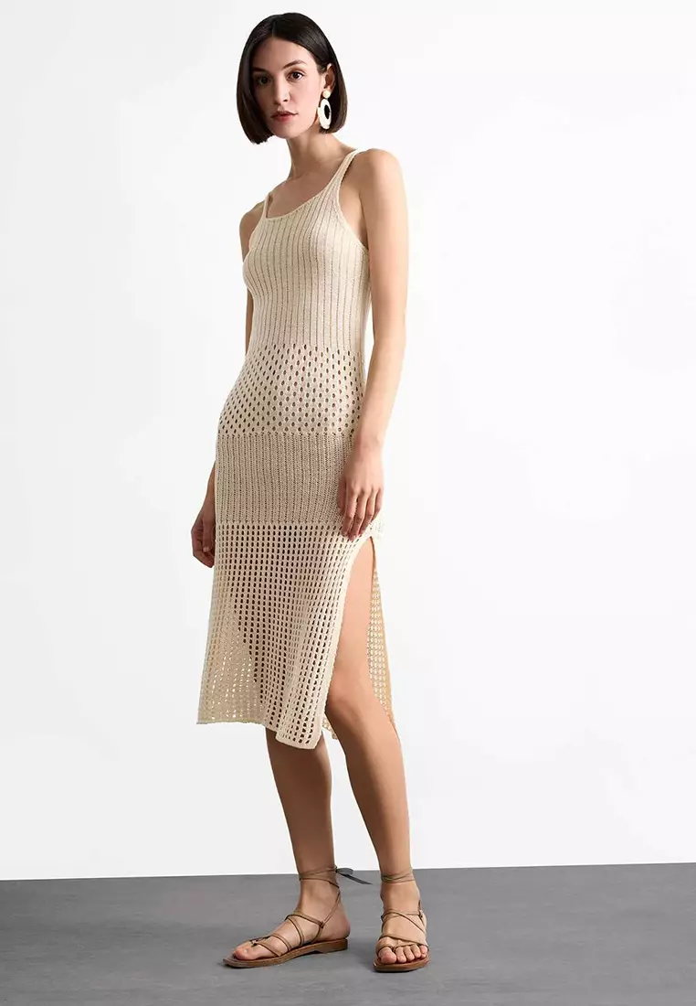 Crochet Knitwear Midi Beach Dress with Strap F7449Ax25Sm