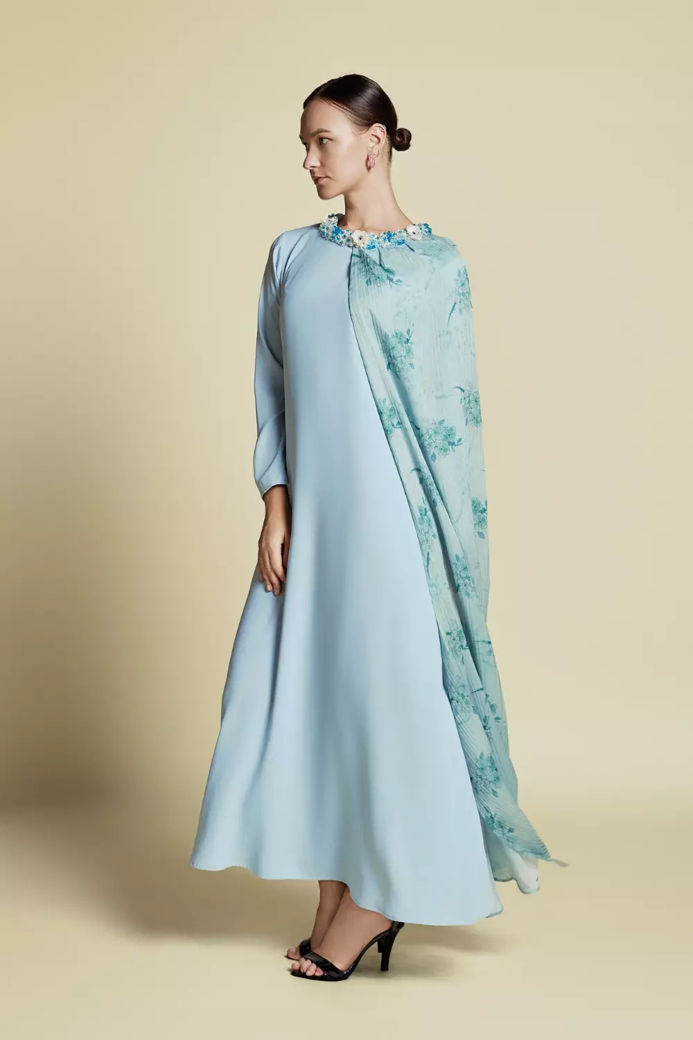 Demure Signature - Asymmetrical Side Cape Kaftan in Silk Pastel Green - Dress