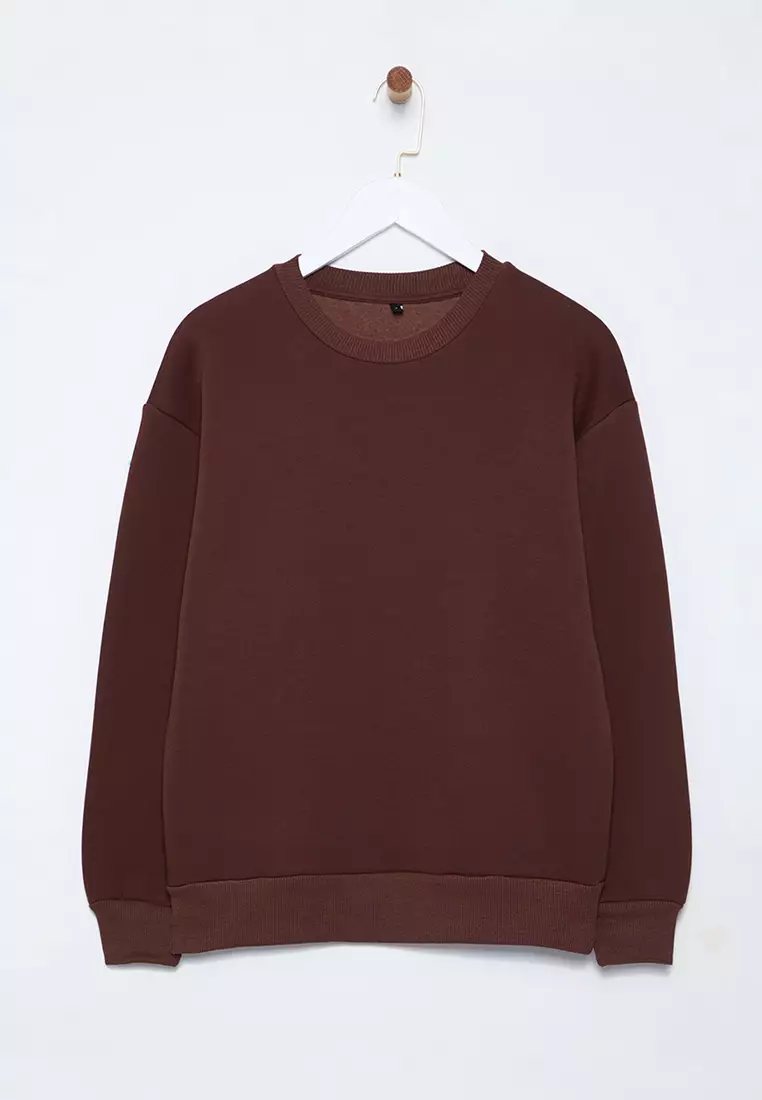 Thick Cut Brown Fleece Crew Neck Sweatshirt