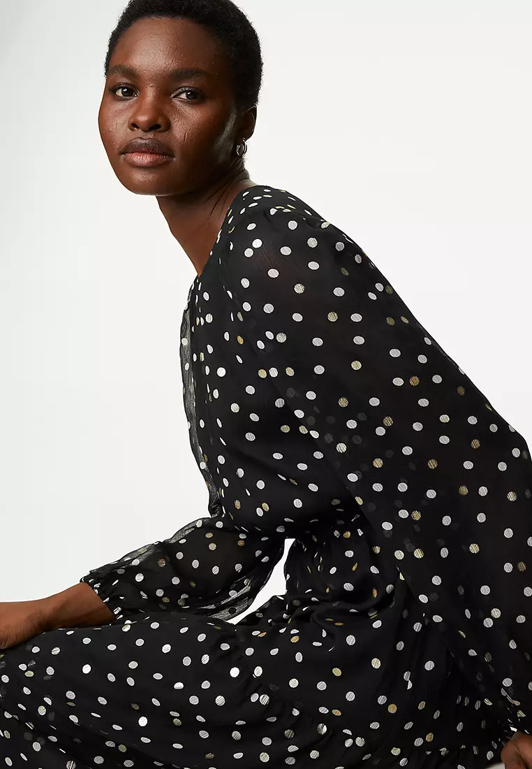 Polka Dot Ruffle Midi Tiered Dress