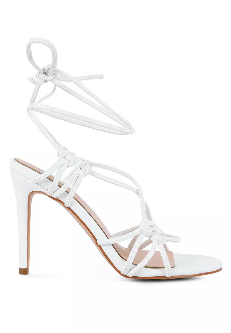 White High Heeled Lace Up Sandals