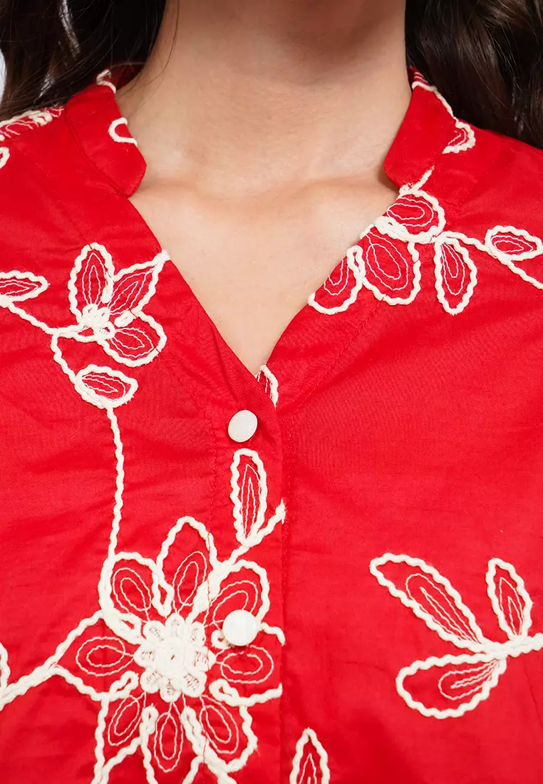 V-Neck Blouse with Contrast Embroidery RED