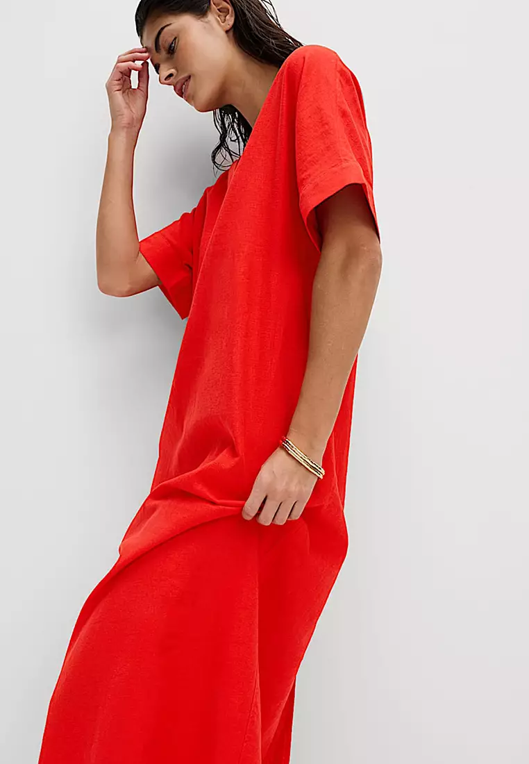 Linen Rich V-Neck Popover Midi Dress