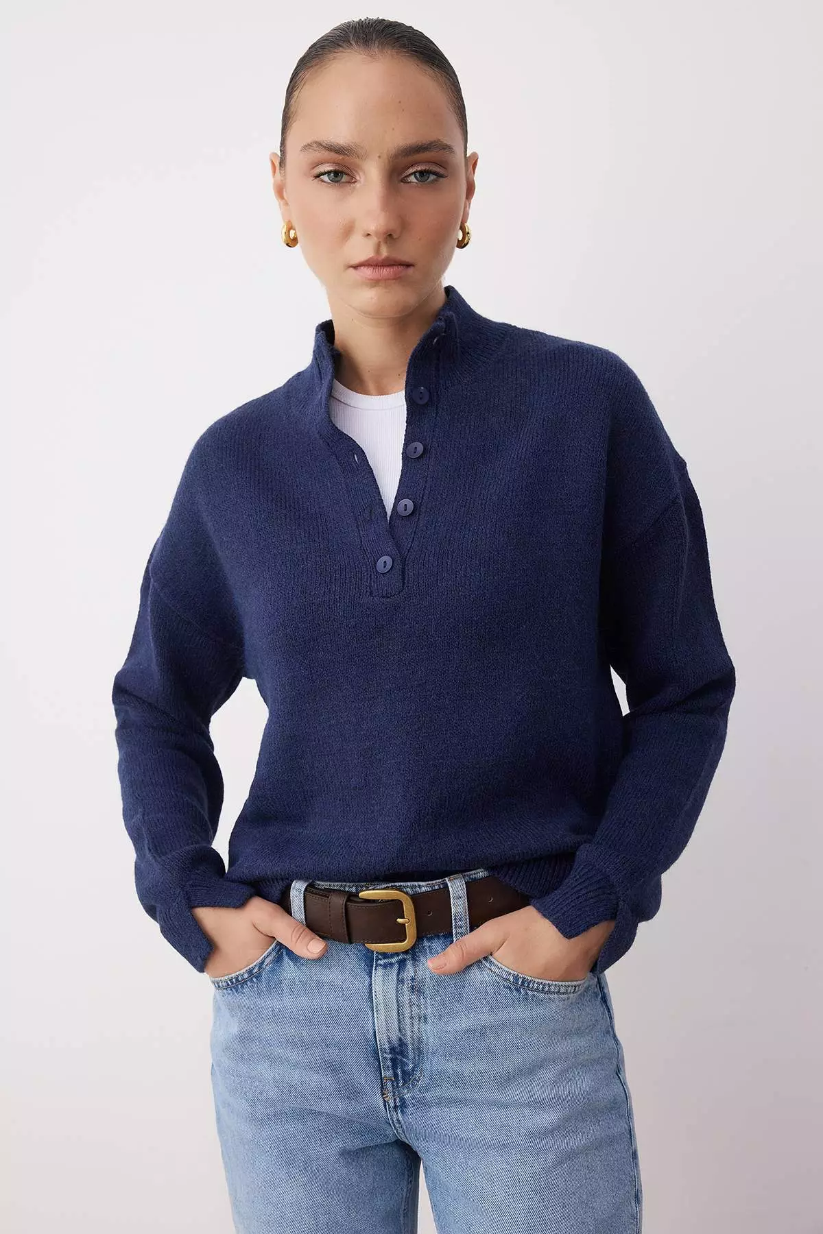 Wardrobe Essentials Navy Blue Soft-Textured Knit Sweater | Twoaw26Kz00074