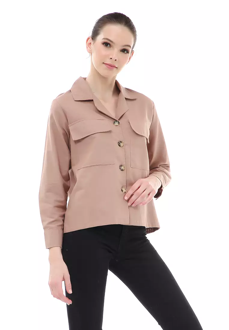 Brielle Atasan Wanita Kemeja Pocket Plain Motive Lengan Panjang Material Linen ORIGINAL - Brown