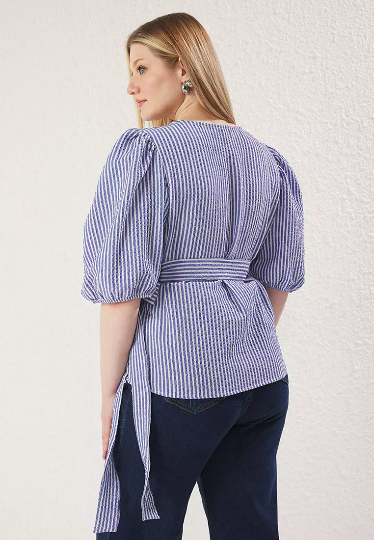 Multicolored Double Breasted Plaid/Checked Seersucker Woven Plus Size Blouse TBBSS25AF00017