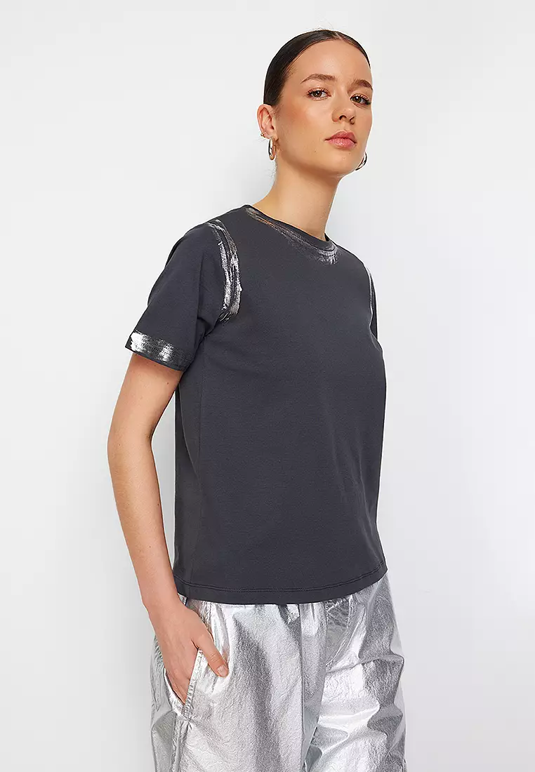 Anthracite Gilded Loose/Comfortable Pattern Knitted T-Shirt