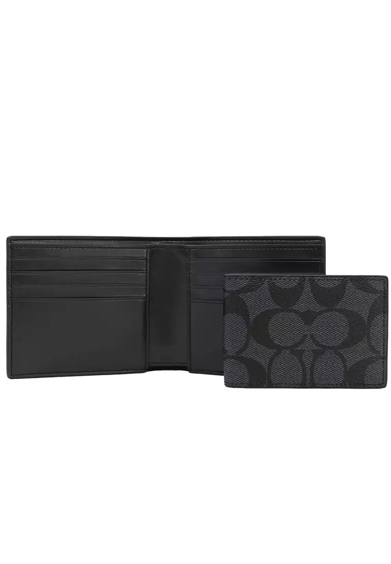 Mens Boxed 3 In 1 Wallet Gift Set With Signature Canvas - Black