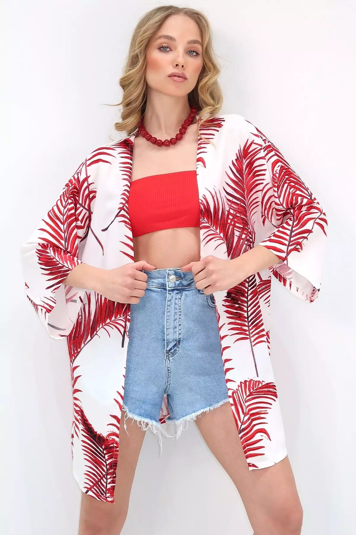Women's Red Patterned Kimono Jacket