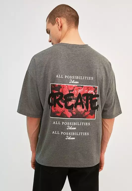 Oversize/Wide-Cut Printed Short Sleeve T-Shirt