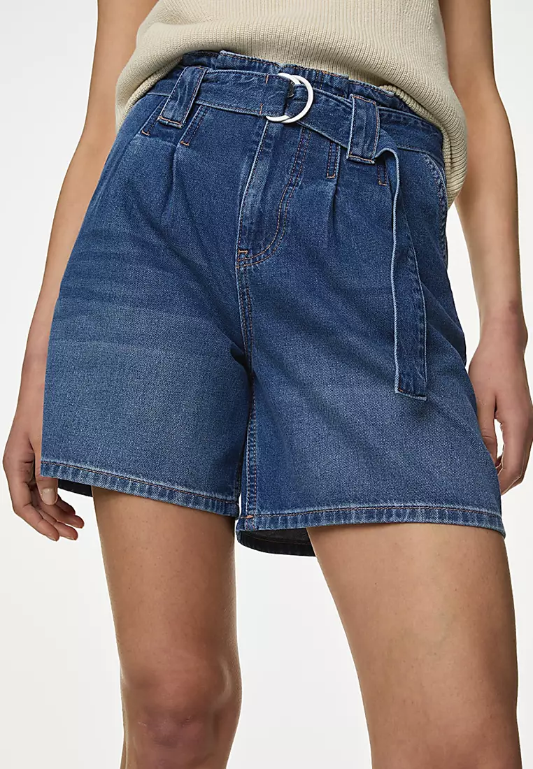 Denim Pleat Front Belted Shorts