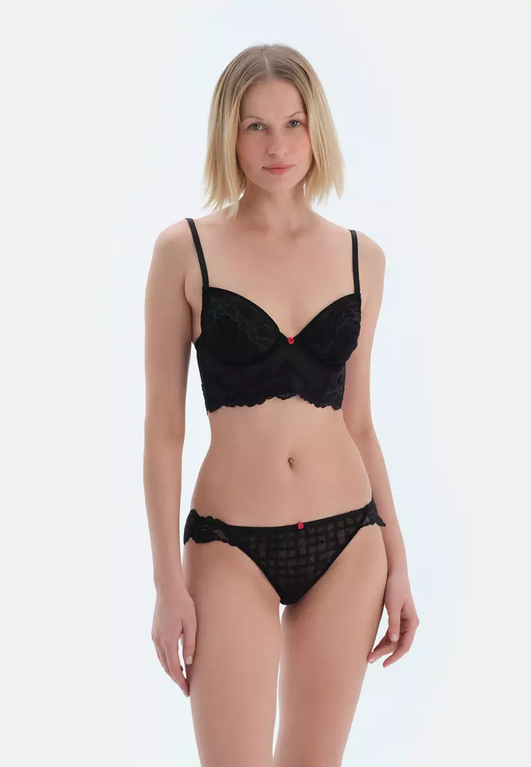 Black Minimizer Bra, Geometric, Minimizer, Underwire, Underwear for Women