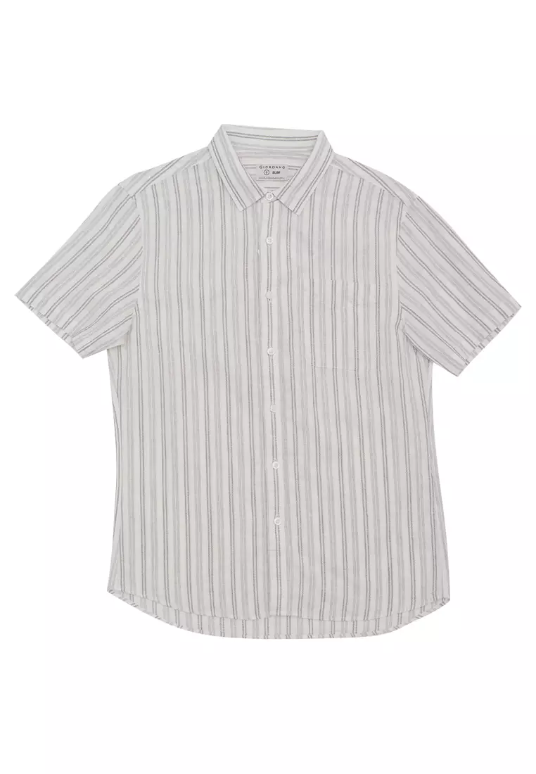 Men's Linen Cotton Poplin Short Sleeves Stripe Shirt