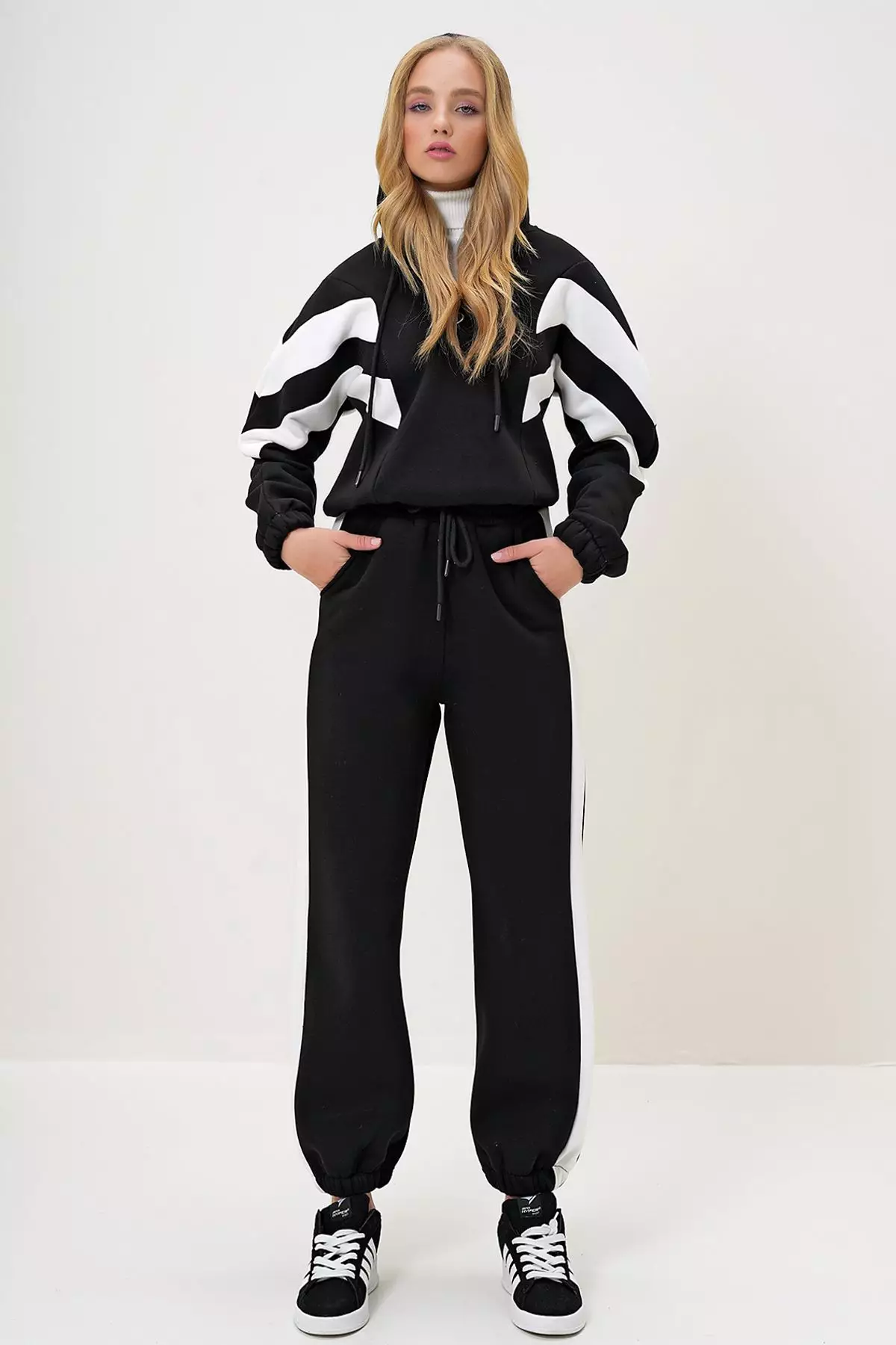 Women's Black Hooded Half Zippered Sweatshirt and Elastic Leg Tracksuit Set