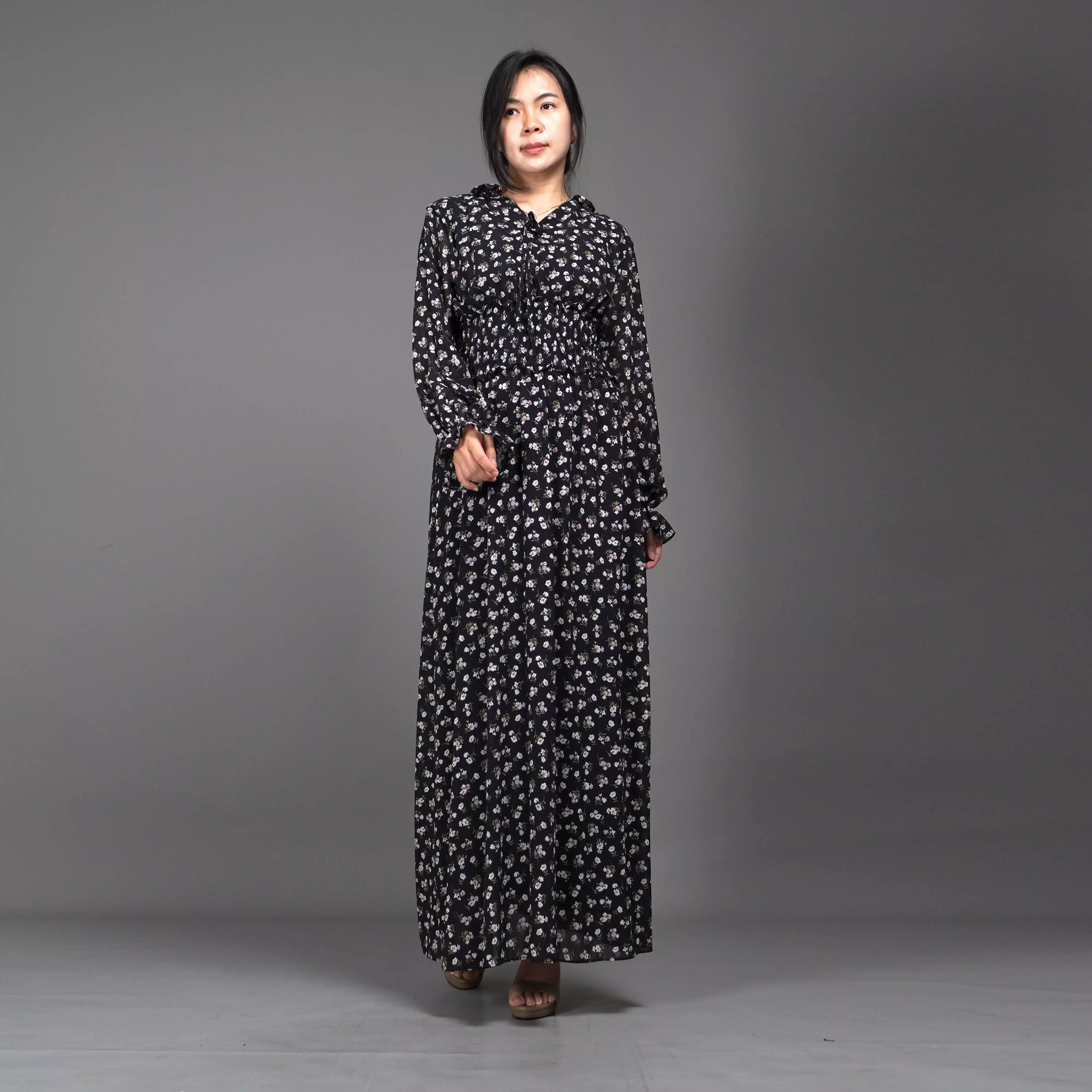  Dress SHALMA Long Dress Sifon Gaun Panjang Gaya Korea - Hitam