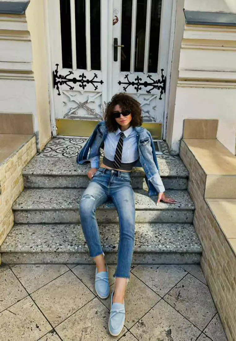 藍色絨面革結飾細節樂福鞋