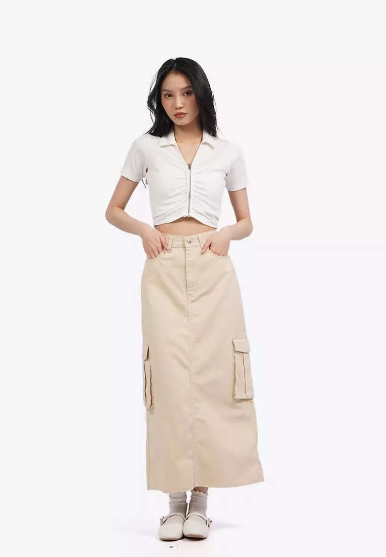 Denim Midi Skirt with Cargo Pocket