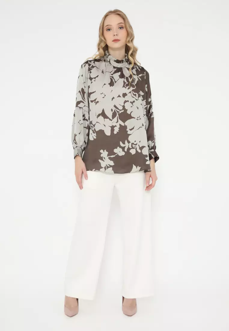Ruffle Floral Blouse Satin in Brown By Brilliant Girl Warna COKLAT