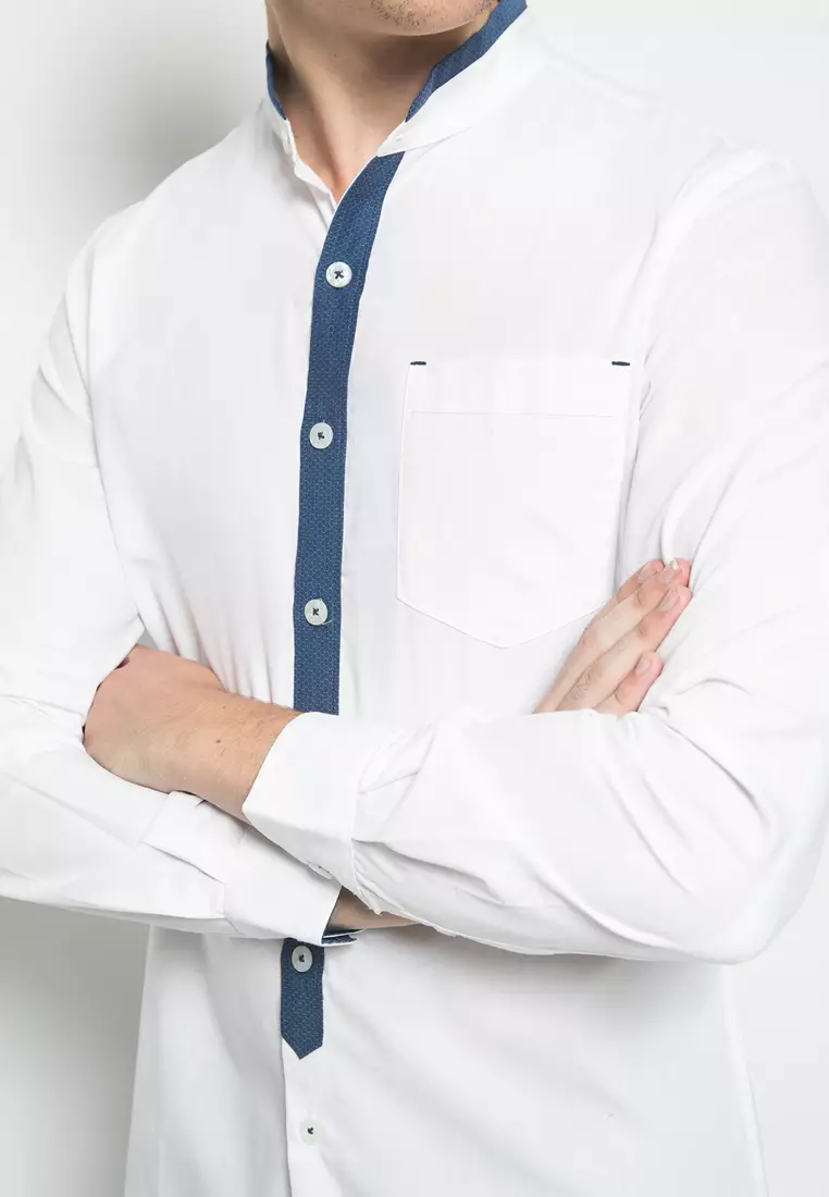Johnwin - Slim Fit - Kemeja Casual Active - Polos - Kerah Shanghai - Putih