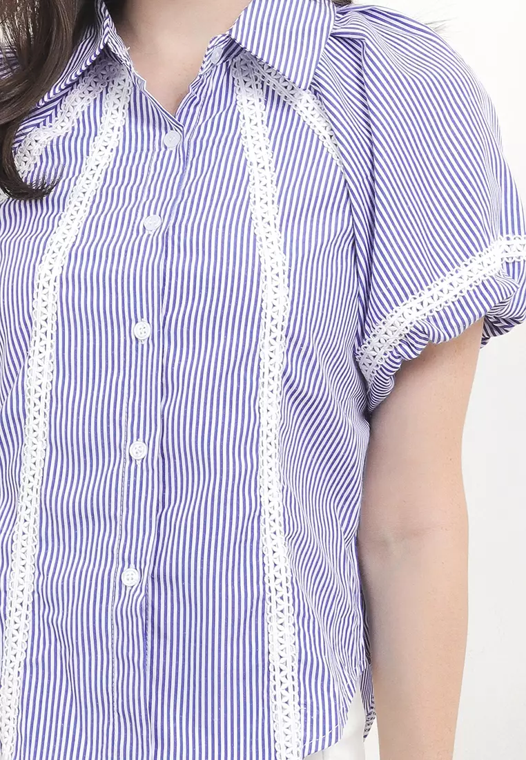 Puff Sleeves Stripes  Shirt W/ Lace Trims