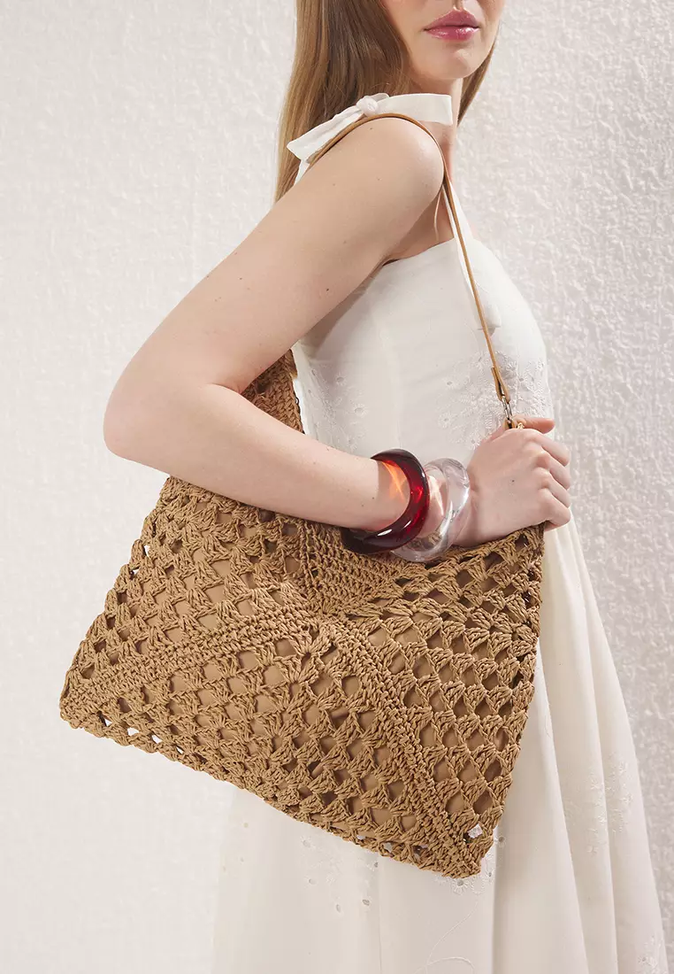 Camel Straw Hand Knitted Women Shoulder Bag Takss25Oc00055