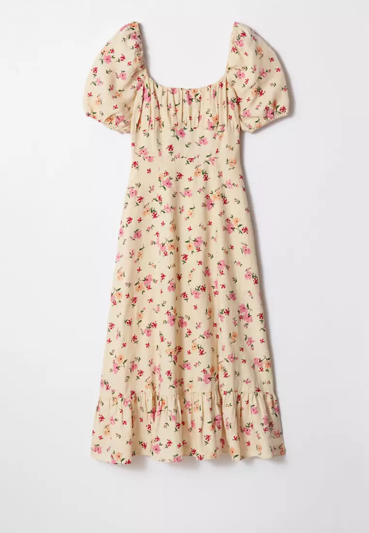 Puff Sleeve Linen Midi Dress