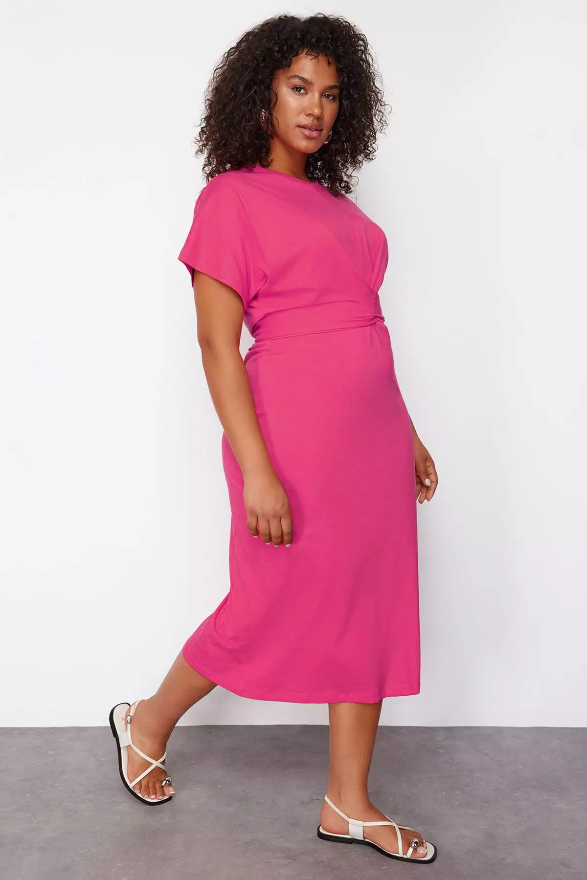 Pink Straight Cut Tie Detail With Slits Maxi/Long 100% Cotton Knitted Plus Size Dress Tbbss22El1640