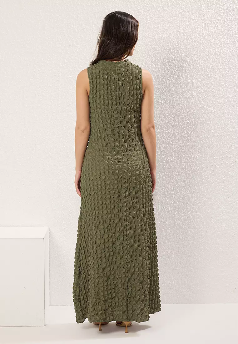Khaki Plain Textured A Cut/Bell Form Crew Neck Textured Maxi Dress TWOSS24EL00683
