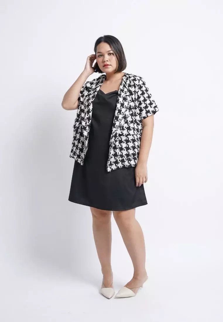 Plus Size Tweed Blazer Moon Black Big Houndstooth