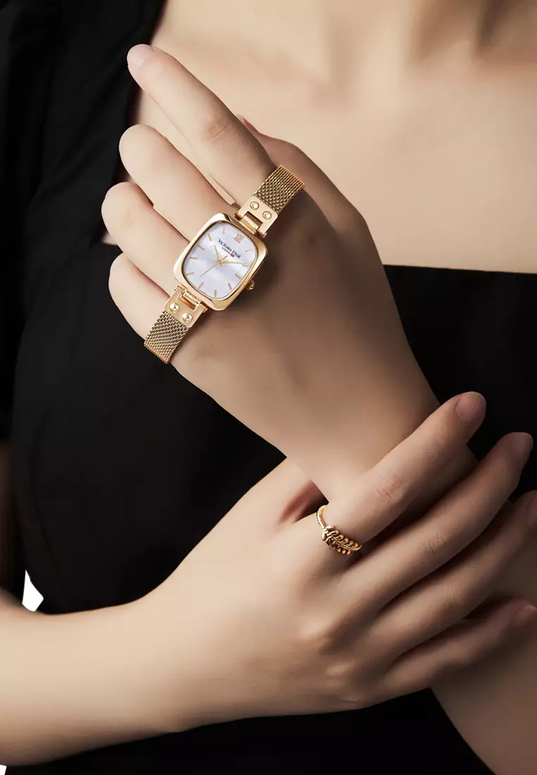 Vivian 22×26mm女士手表 不鏽鋼表帶 長方形天然貝母表盤 優雅經典-玫瑰金