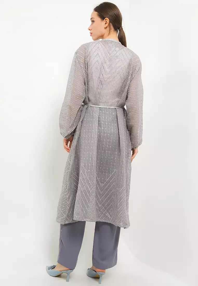 Silver Emb Linen Outer W/ Silver Tassel Belt