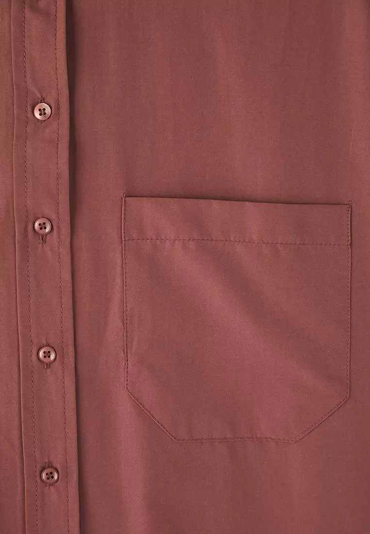 Brown Loose Fit Cotton Long Sleeve Plus Size Woven Shirt