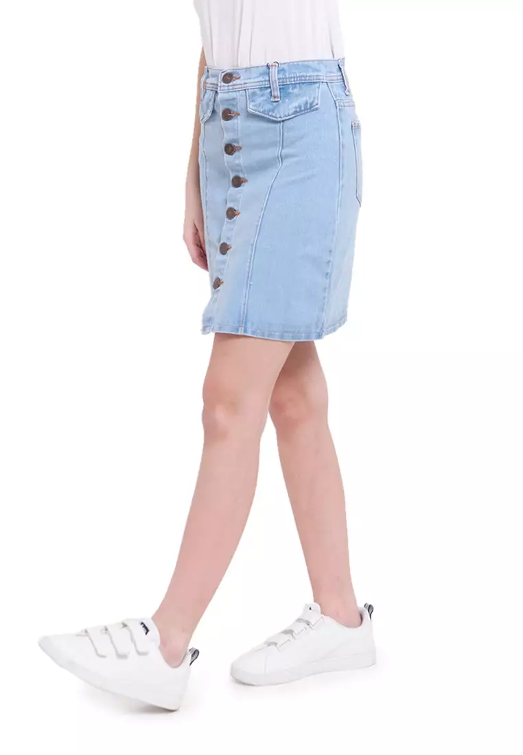 Katty Skirt Mini Jeans Motif Plain Bawahan Wanita Regular Fit - Light Blue