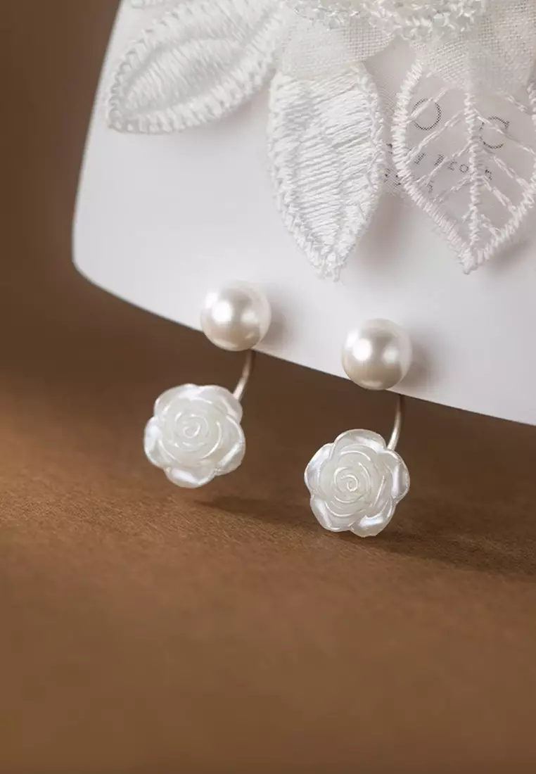925 Silver Rose Faux Pearl Earrings JW AR-M02415