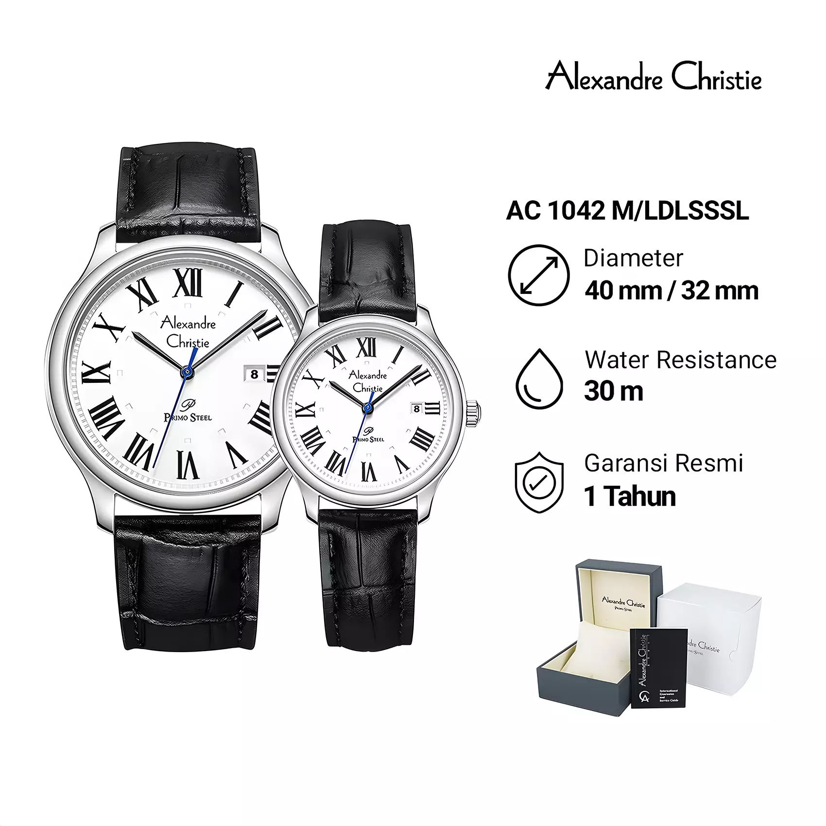 Alexandre Christie Primo Steel - Jam Tangan Couple Pria Wanita - Silver Case - Black Leather Strap - 1042 MLDLSSSL