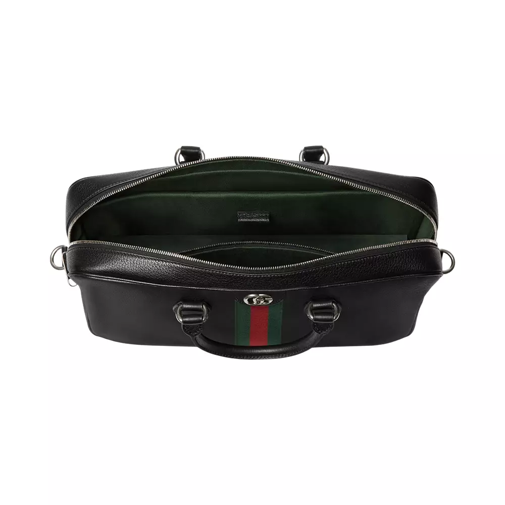 Ophidia with Red Green Web Large Briefcase Leather Bag Black