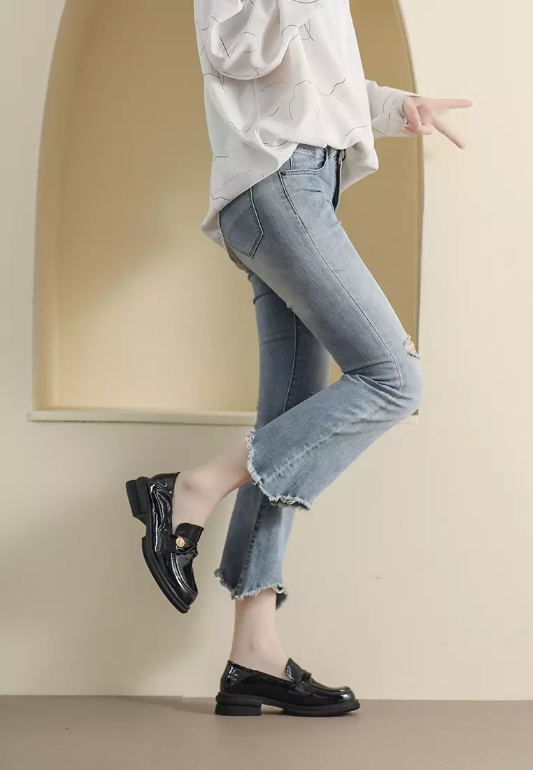 3.5CM Pleated Strap Faux Patent Leather Loafers WW105-16