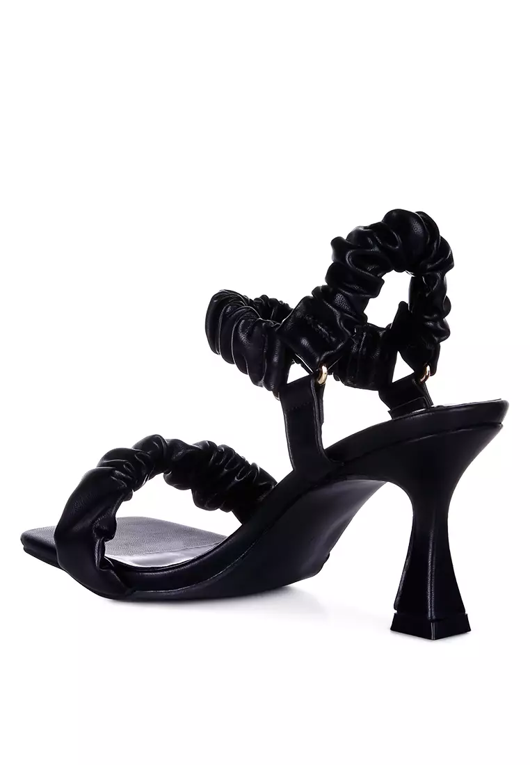 Black Ruched Spool Heel Casual Sandals