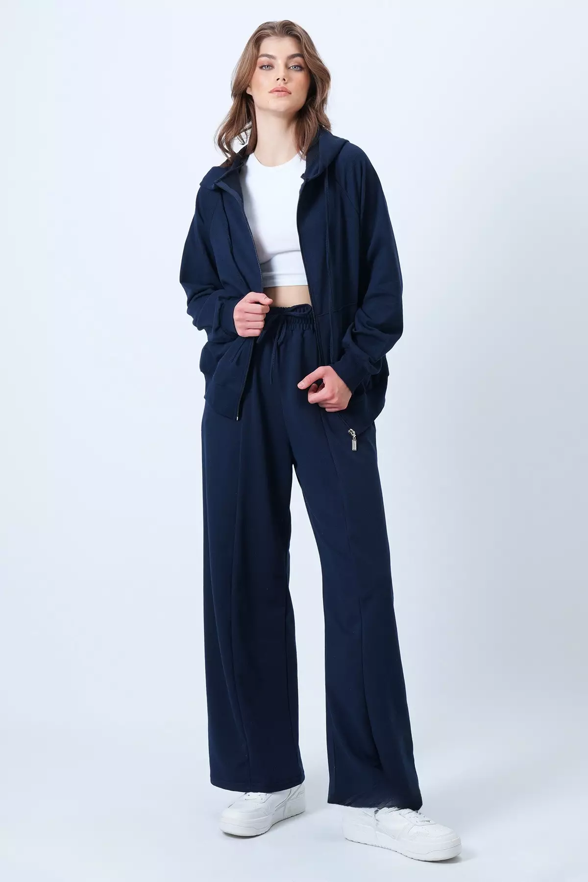 Women'S Navy Blue Hooded Zipper Jacket And High Waist Wide Leg Pants Set Alc-X14606