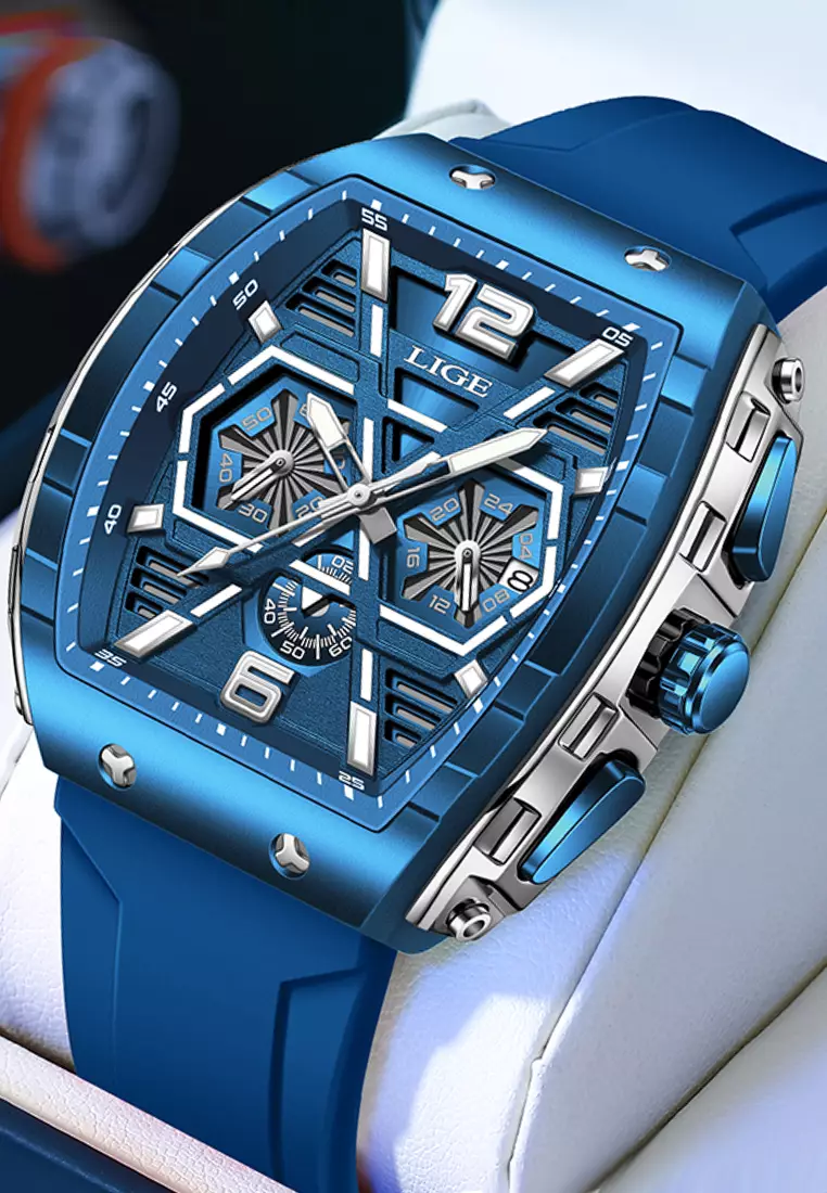 男女通用酒桶形 IP 橡膠錶帶藍色石英手錶