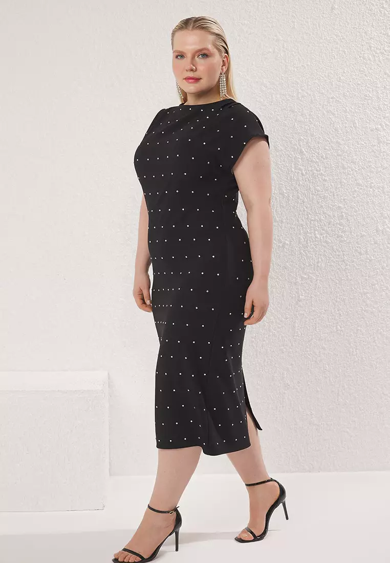 Black Sleeveless Stone Mini Woven Plus Size Party/Graduation/Evening Dress TBBSS25AH00164