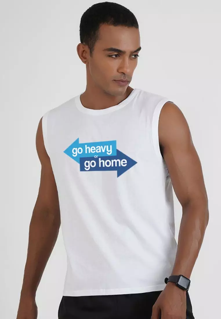 Go Heavy 图案印花白色棉质无袖健身/训练背心