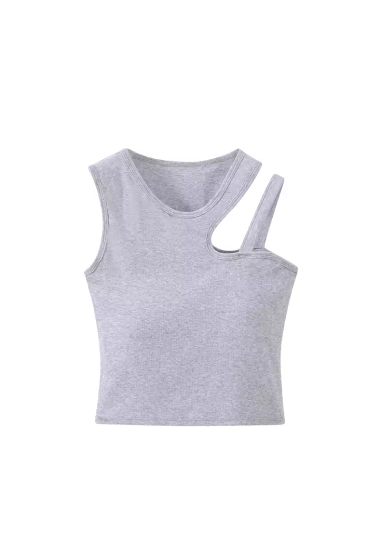 Premium Lainey Asymmetrical Neck Cut Out Cotton Bralette Top in Light Grey