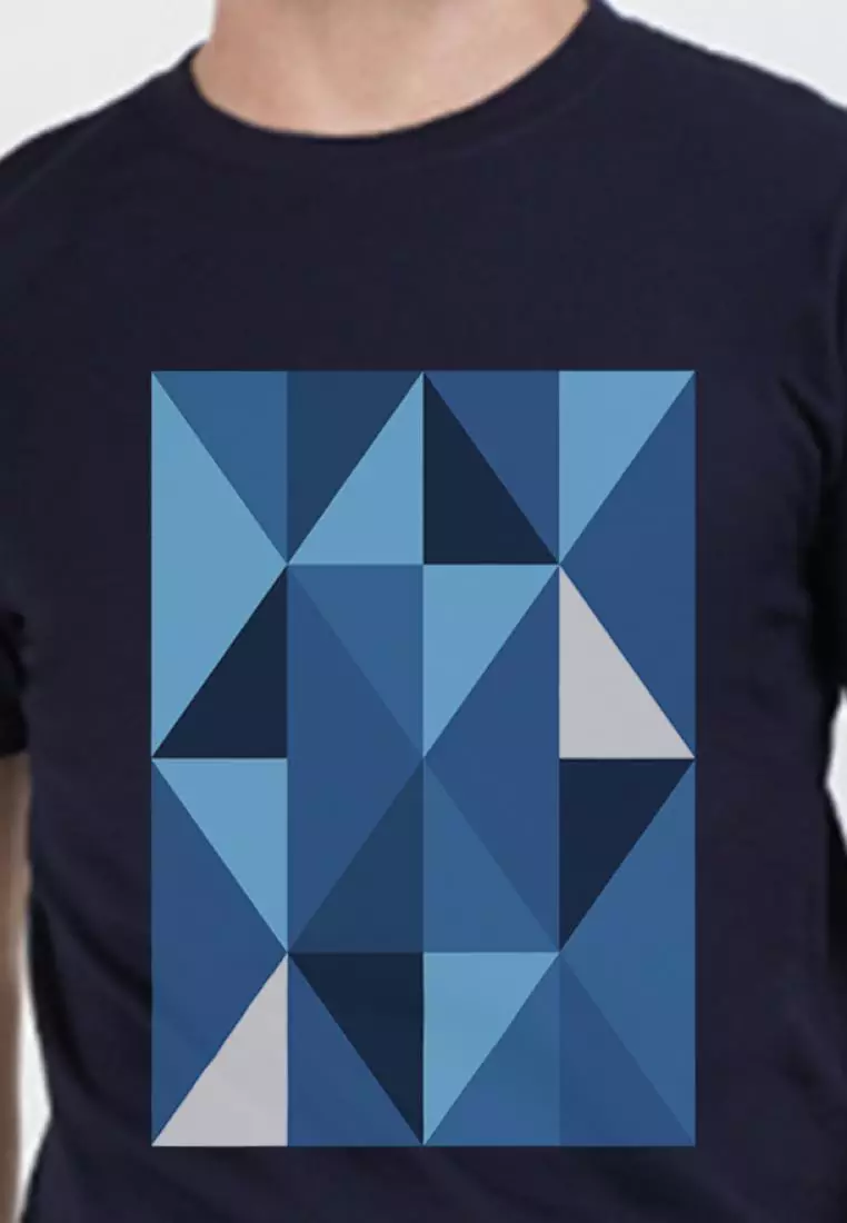 Geometric Print Graphic Navy Blue Cotton Blend Short Sleeve Regular Fit Tee