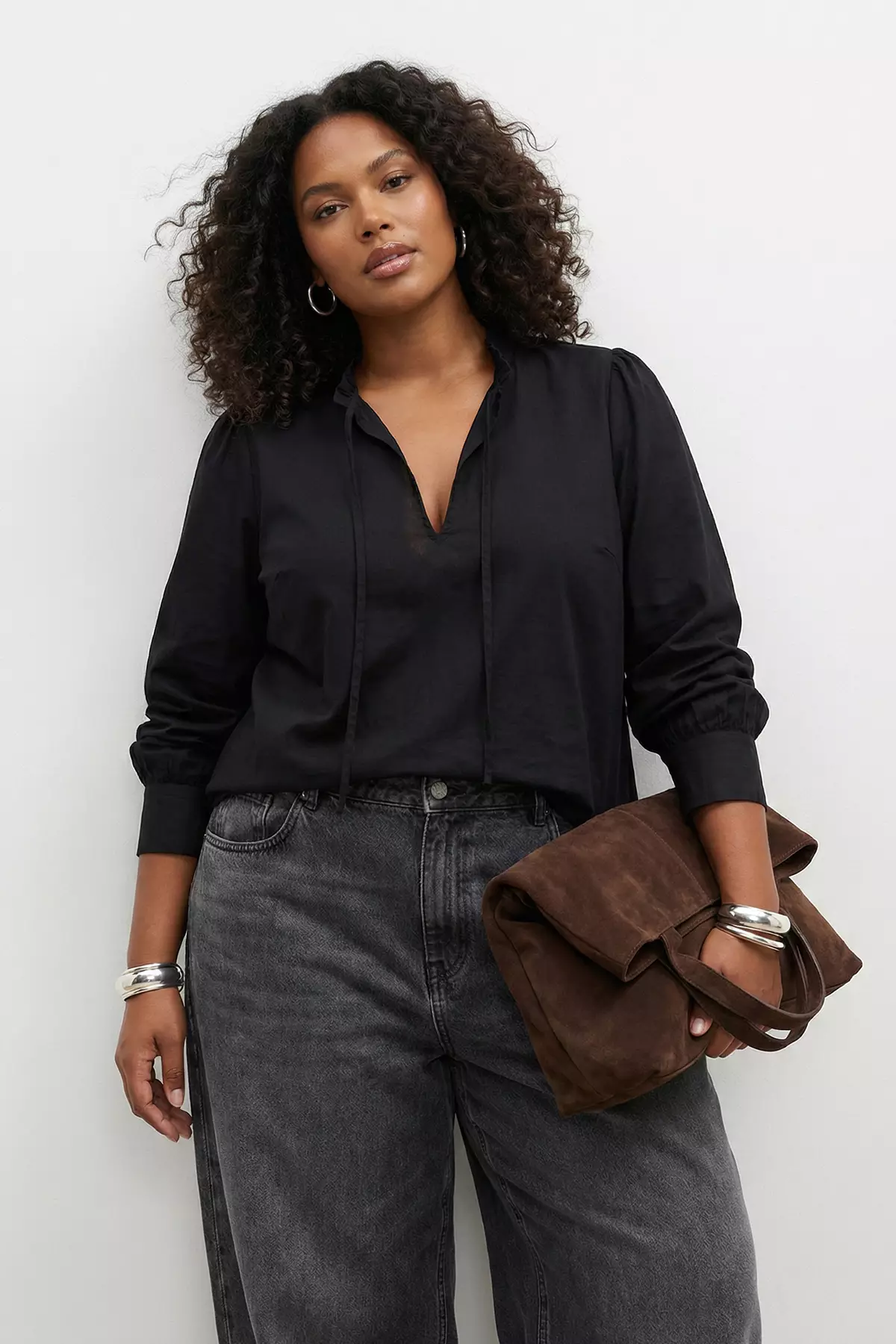 Black Voile Thin Lace-Up Summer Woven Plus Size Blouse Tbbss26Af00020