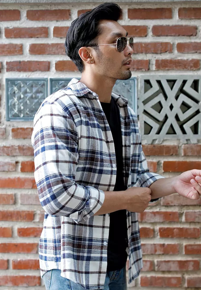 OXCON Extra Comfort Authentic Flannel Shirt White Blue Navy