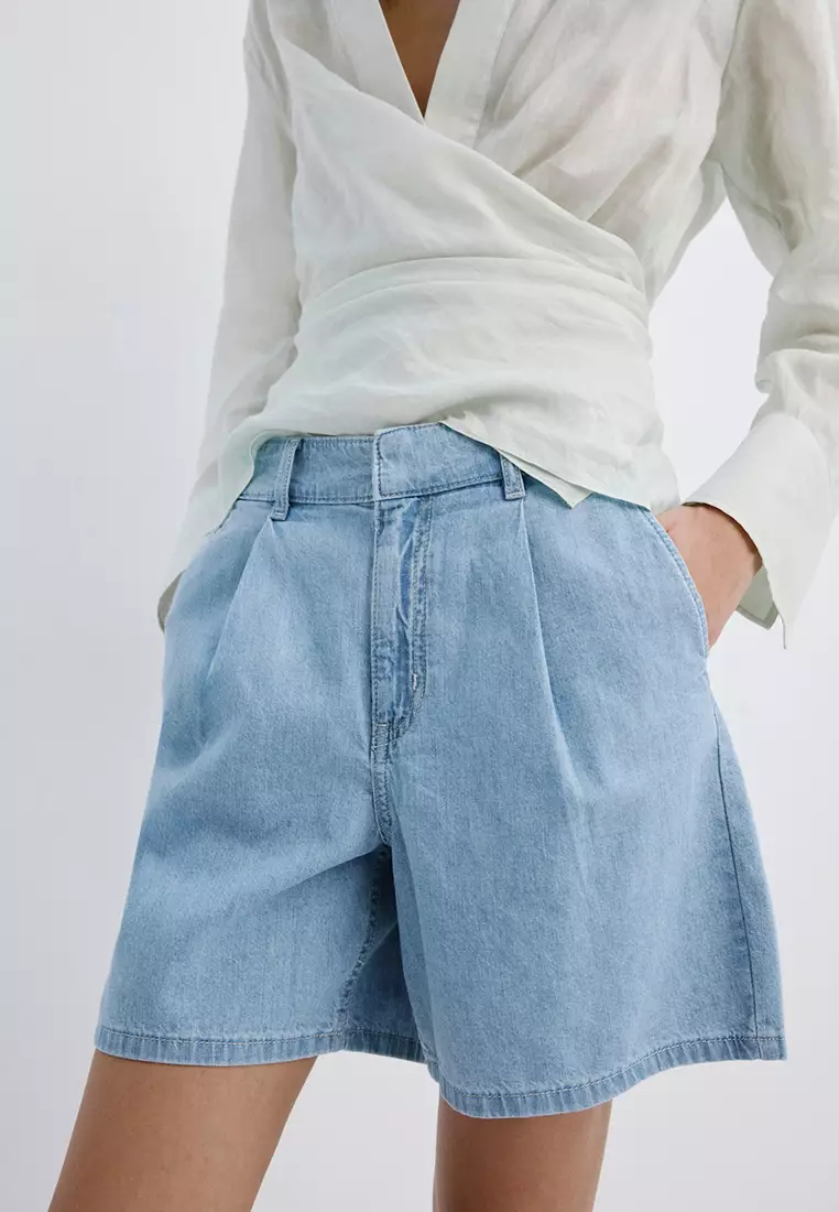 Mid-Rise Denim Bermuda Shorts With Pleats