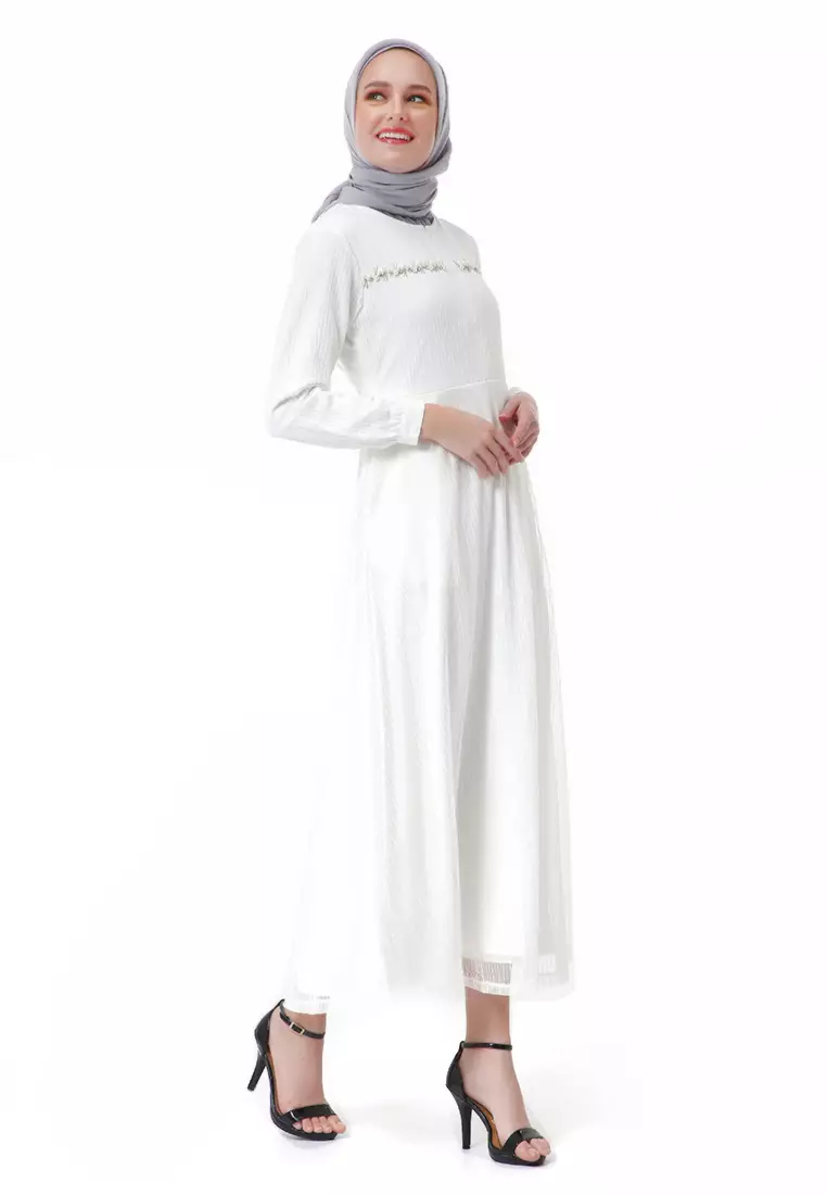 Nadya Dress Muslimah Women Waist Strap High Quality Premium - Broken White
