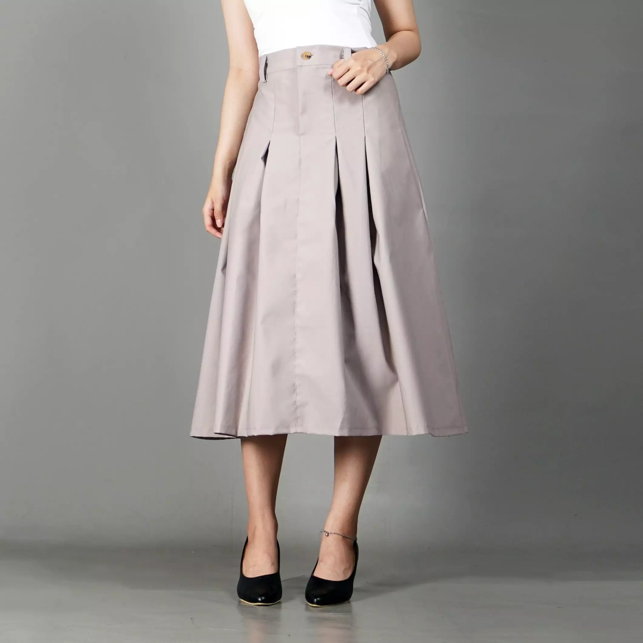 RUBY Pleated Skirt A Line Skirt Rok Lipat Rok 3/4 - BEIGE