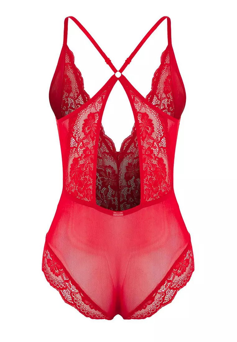 Red Tulle Lace Detailed Uncovered Knitted Bodysuit